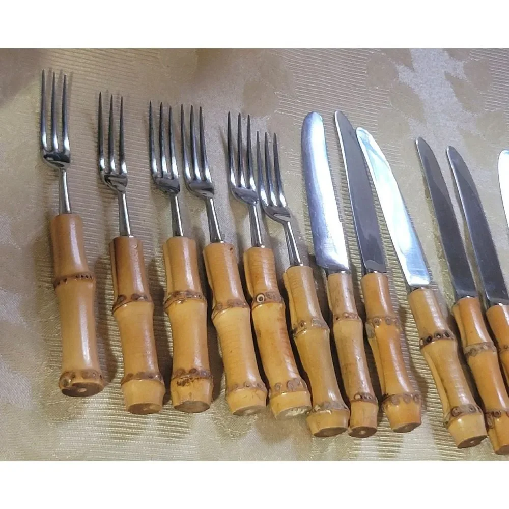 Bamboo Handle Stainless Steel Fork Set 6 Appetizer Dessert Cocktail Fondue MCM